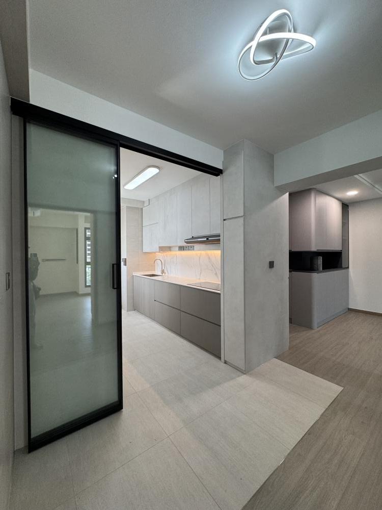 Modern Kitchen with Countertop and Glass Door