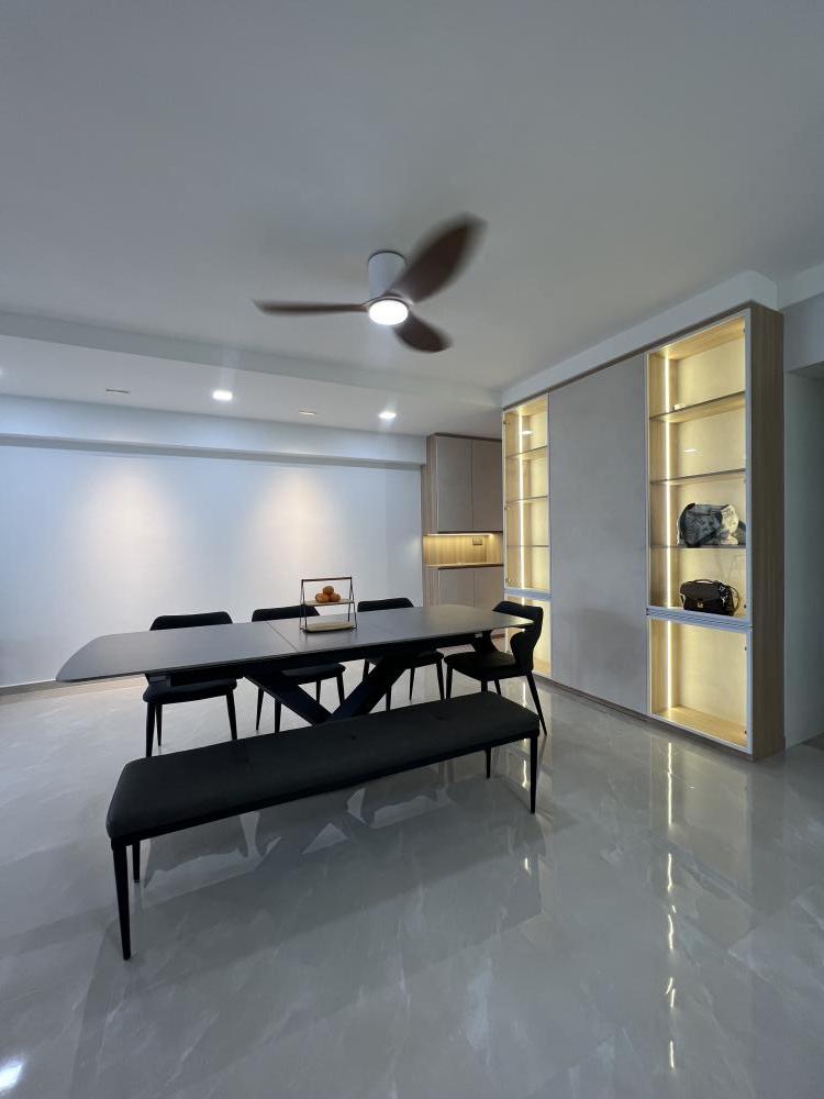 Minimalist Living Room with Homogeneous Tiles and Cove Lighting