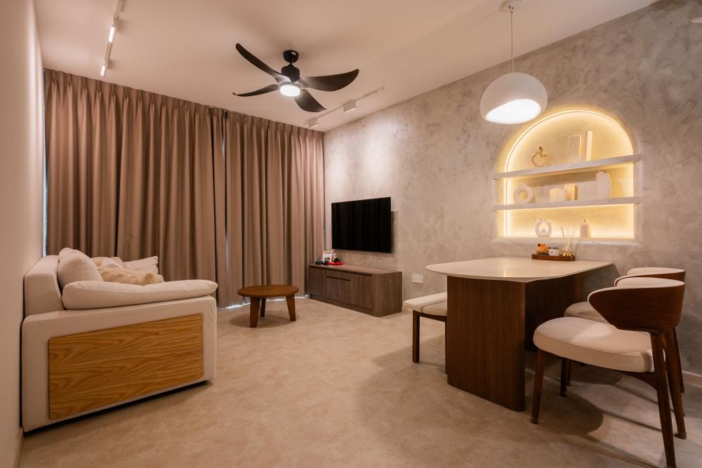 Modern Living Room with Feature Wall and Display Cabinets