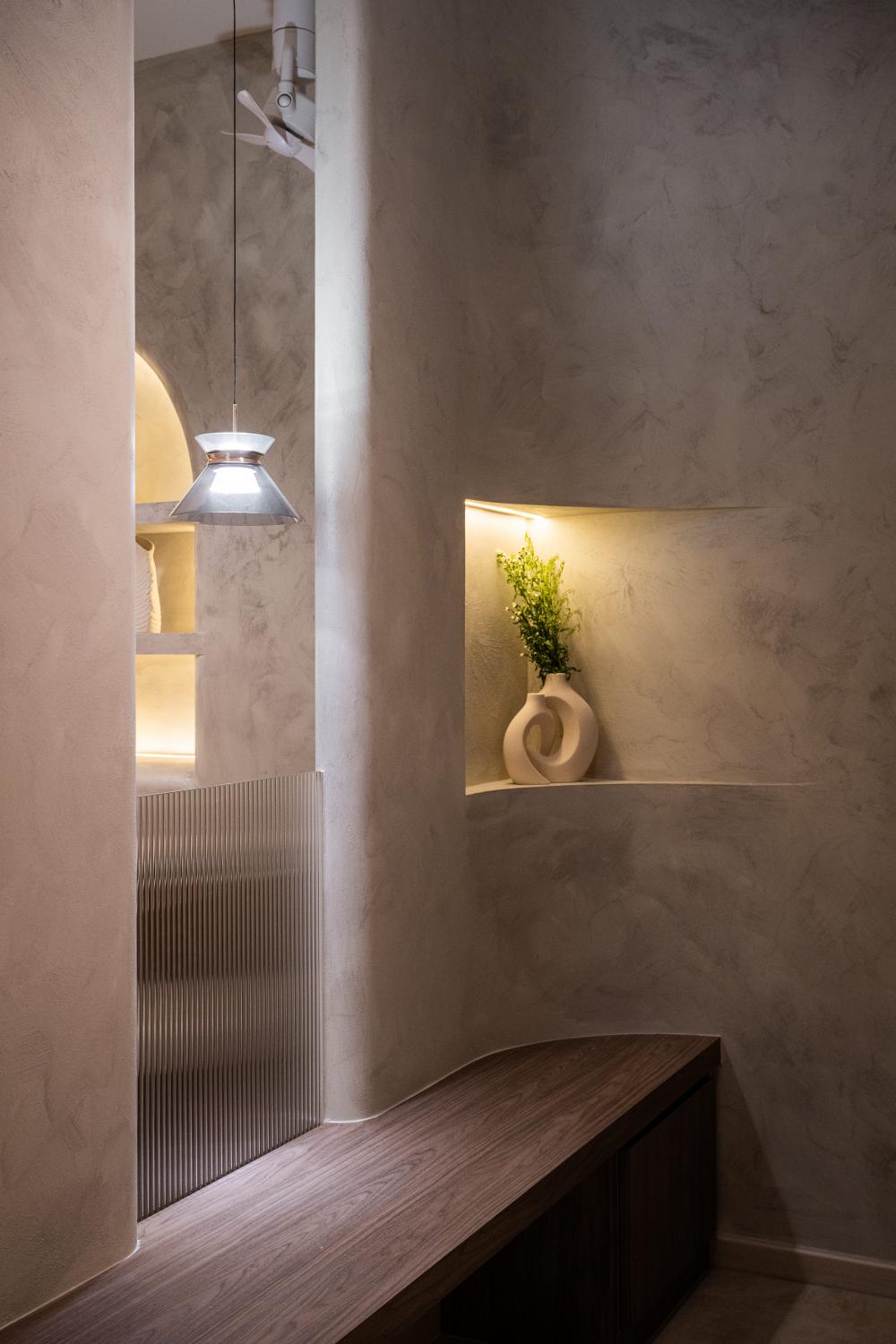 Modern Entryway with Seating Bench and Stools