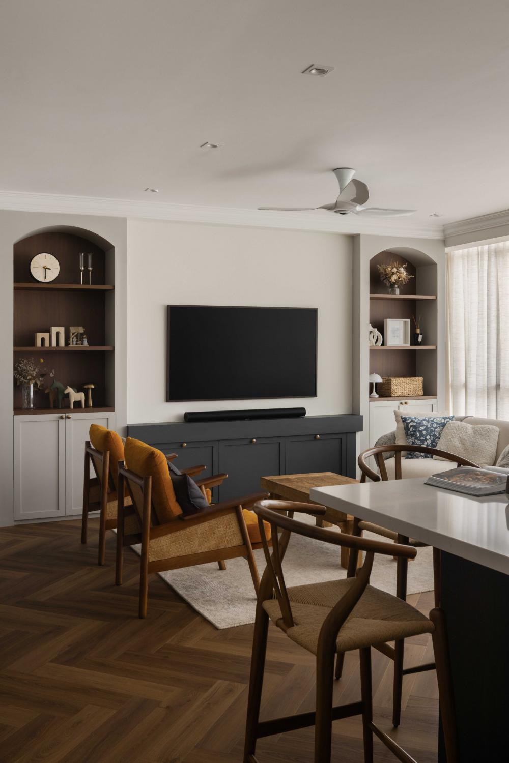 Country Living Room with Wood Flooring and TV Console