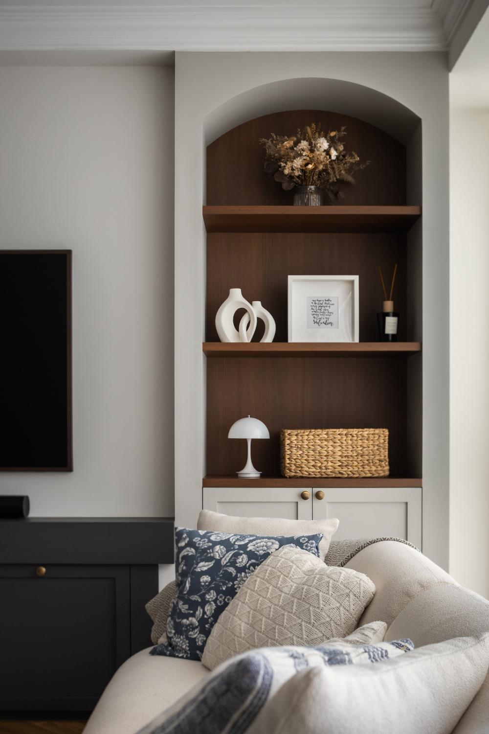 Country Living Room with Bookshelf and TV Console