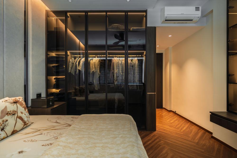 Modern Bedroom with Herringbone Tiling and Flooring