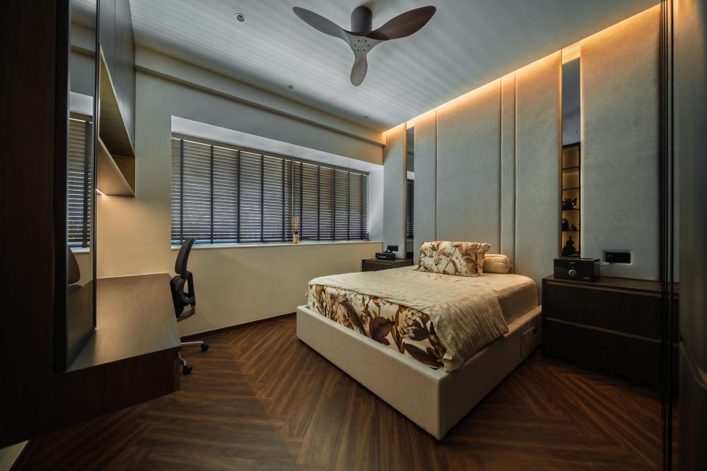 Modern Bedroom with Herringbone Tiling and Queen Bed