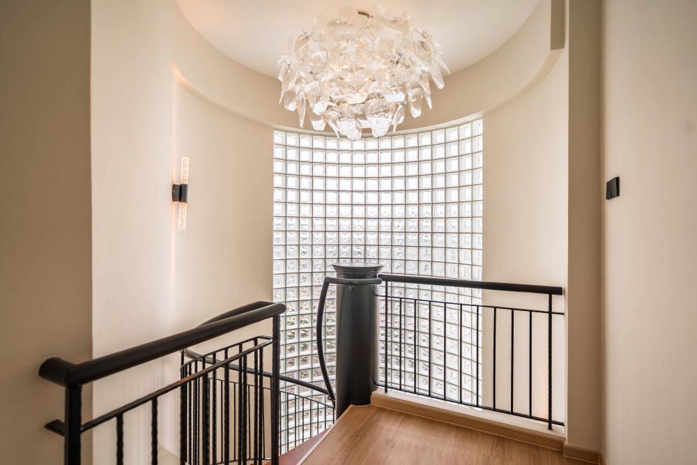 Contemporary Hallway with Staircase and Artwork