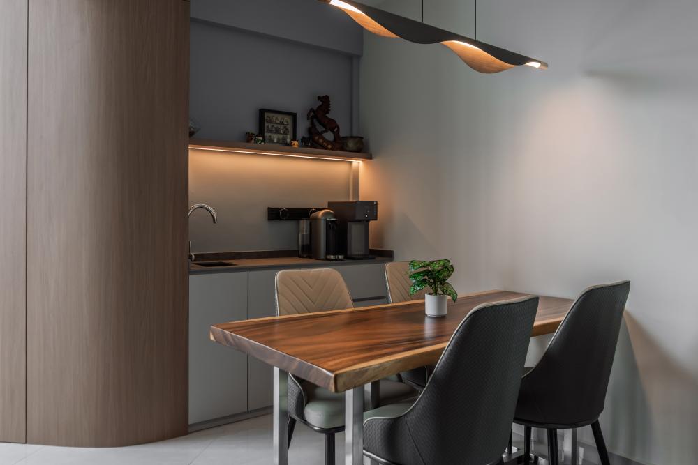 Contemporary Dining Room with Drop Light and Dining Table