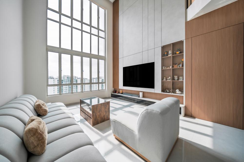 Contemporary Living Room with Marble Floor and TV Console