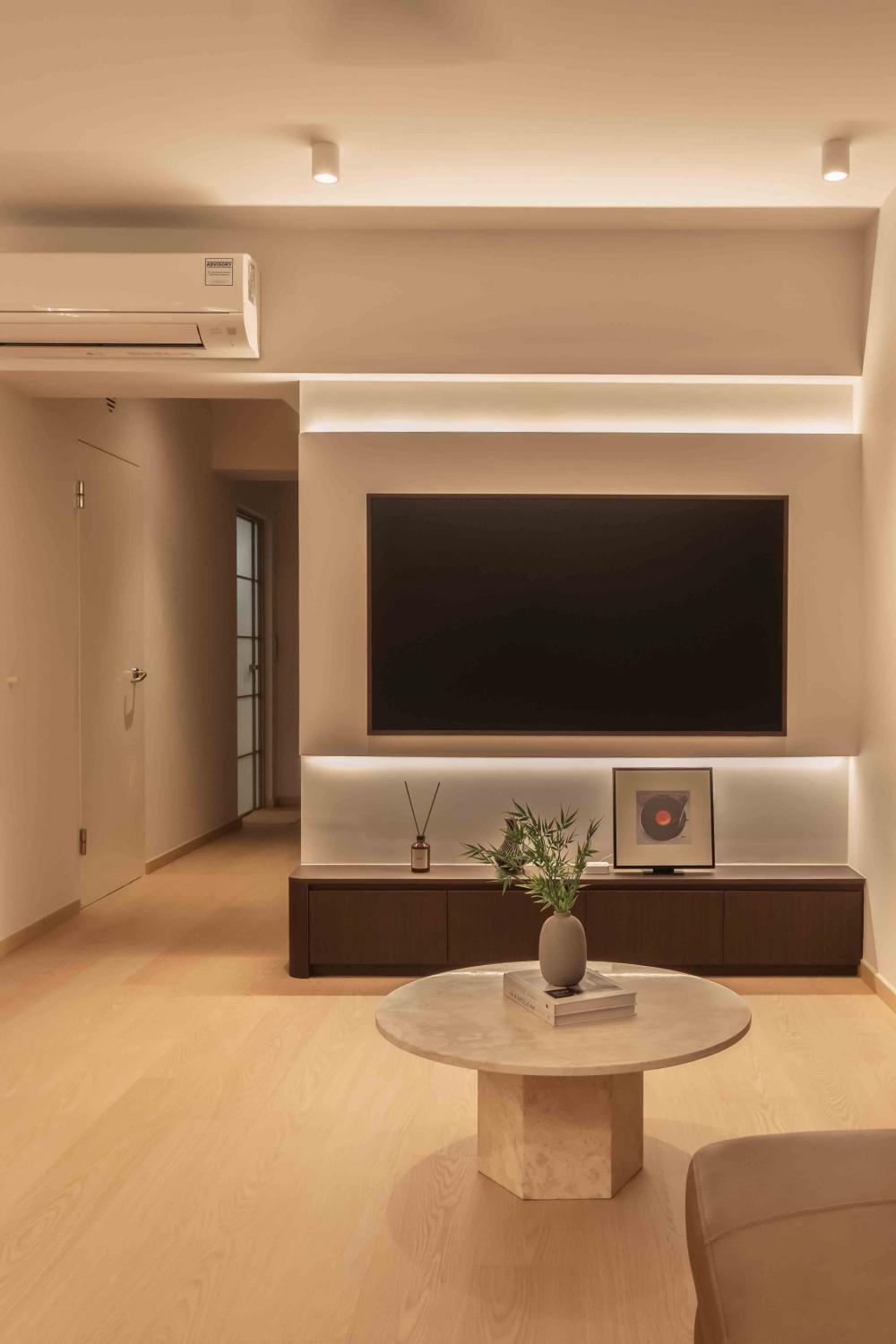 Contemporary Living Room with TV Console and Cove Lighting