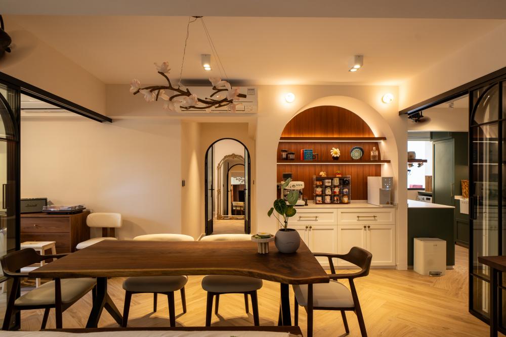 Country Dining Room with Chandelier and Bar Counter