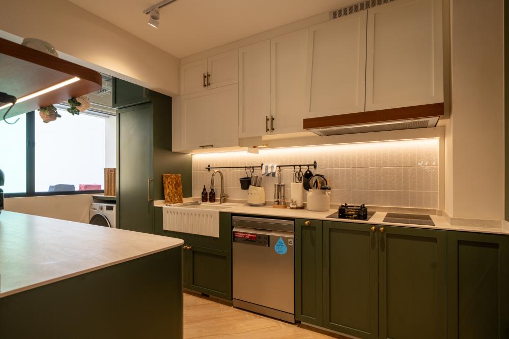 Country Kitchen with Countertop and Herringbone Tiling