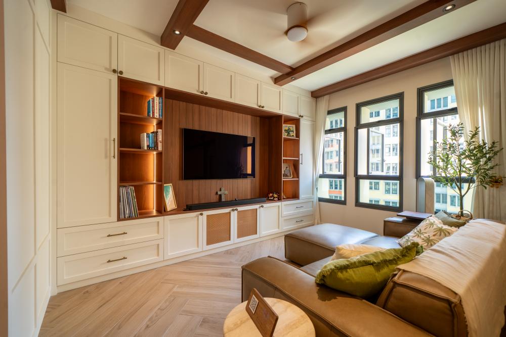 Country Living Room with Herringbone Tiling and TV Console