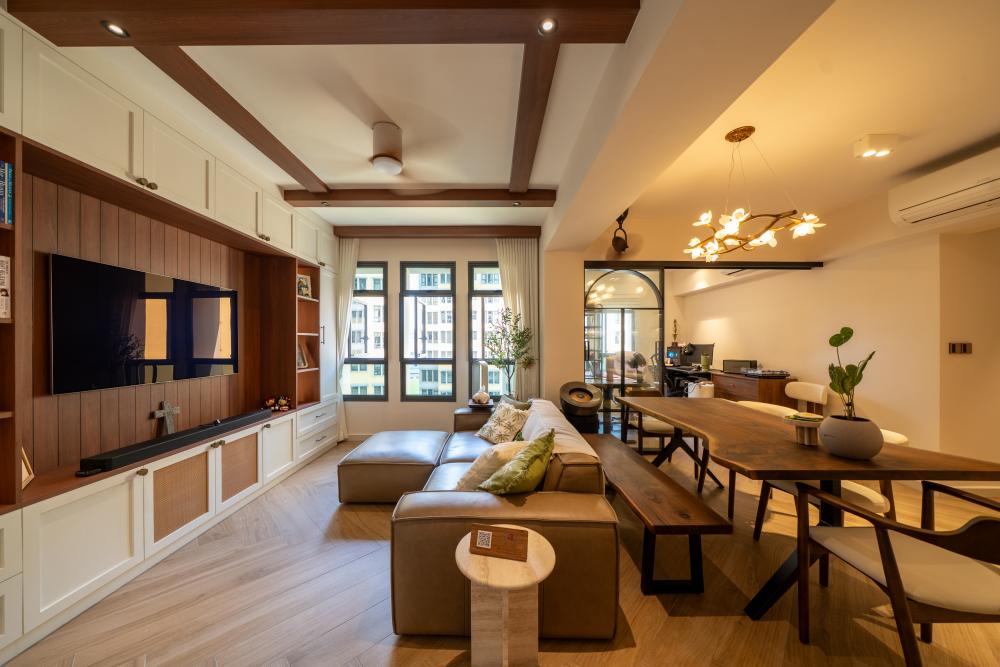 Country Living Room with Feature Wall and Glass Door