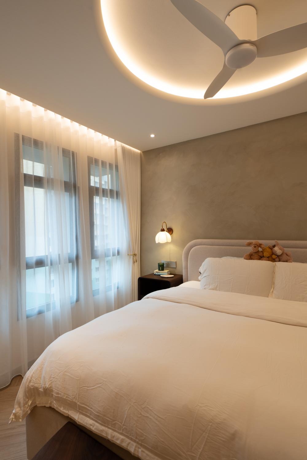 Country Bedroom with Feature Wall and Drop Light