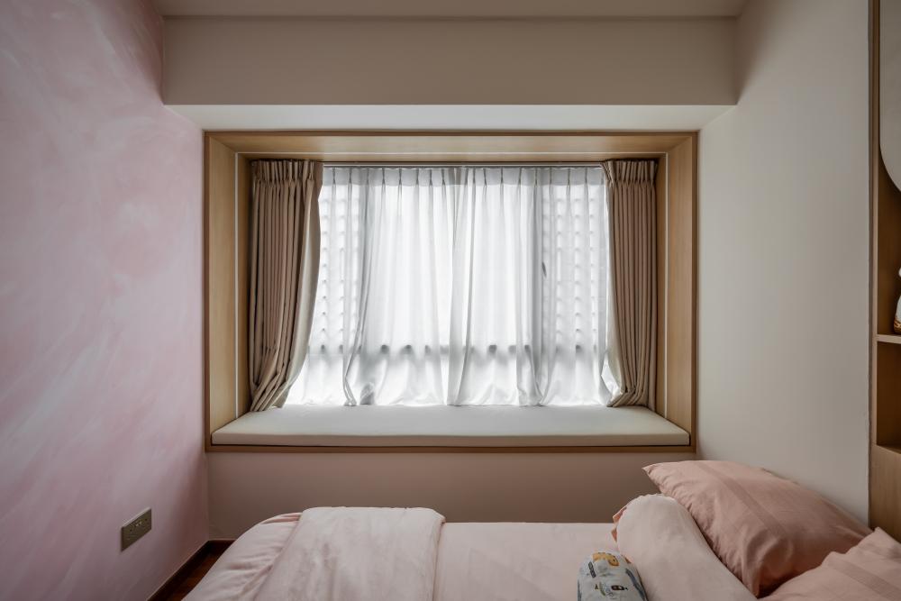 Scandinavian Bedroom with Bay Window and Lighting