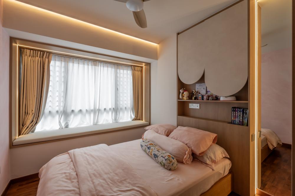 Scandinavian Bedroom with Bookshelf and Bay Window