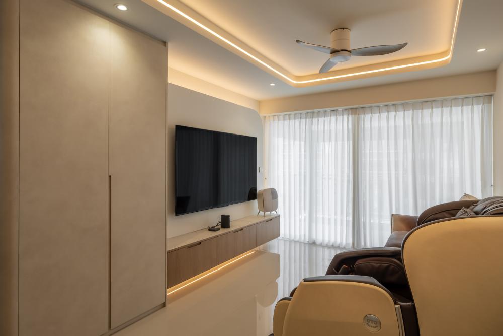 Scandinavian Living Room with TV Console and Cove Lighting