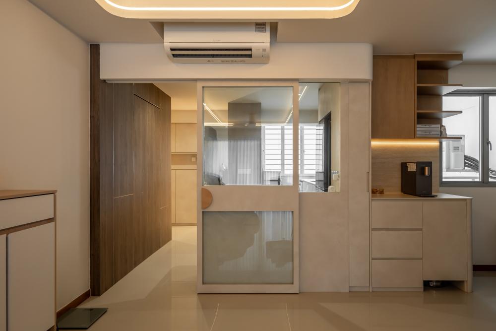 Scandinavian Pantry with Cove Lighting and Kitchen Cabinets
