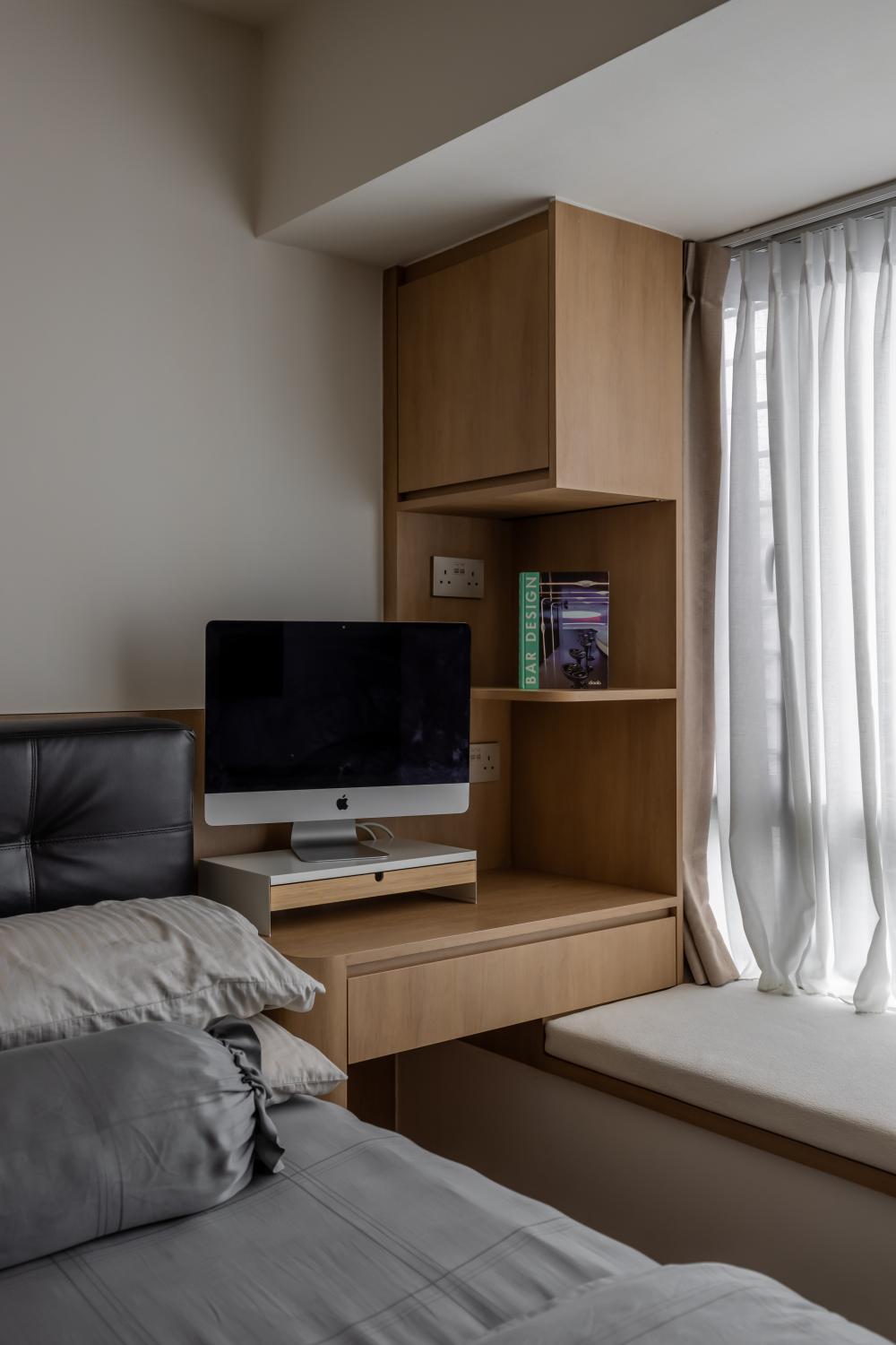 Scandinavian Bedroom with Bookshelf and Bedside Table