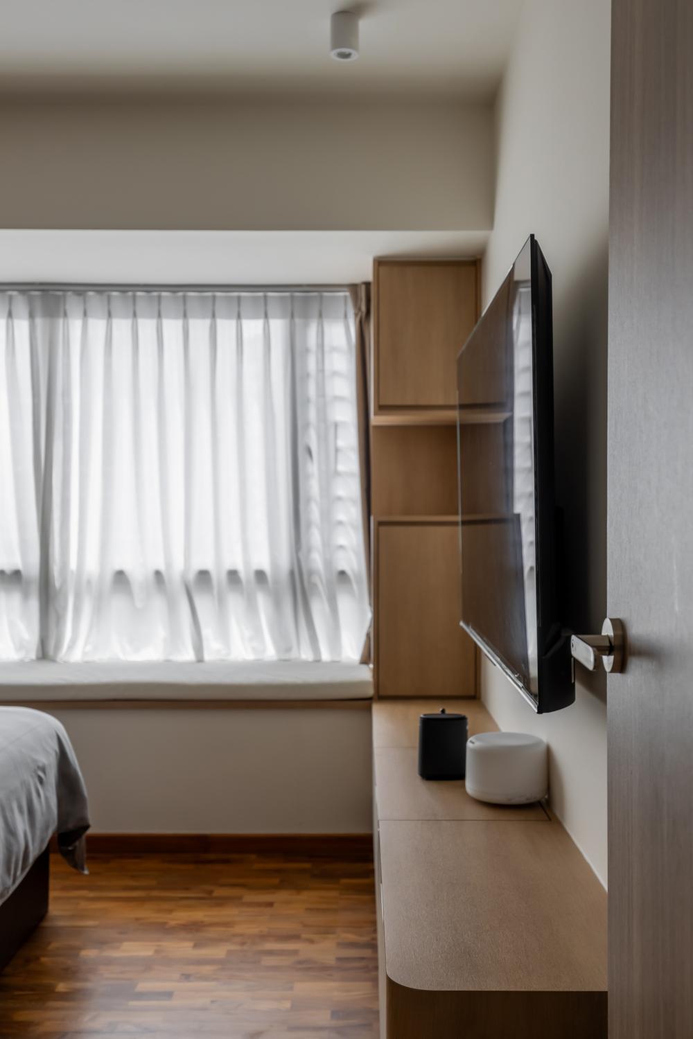 Scandinavian Bedroom with Bay Window and Flooring