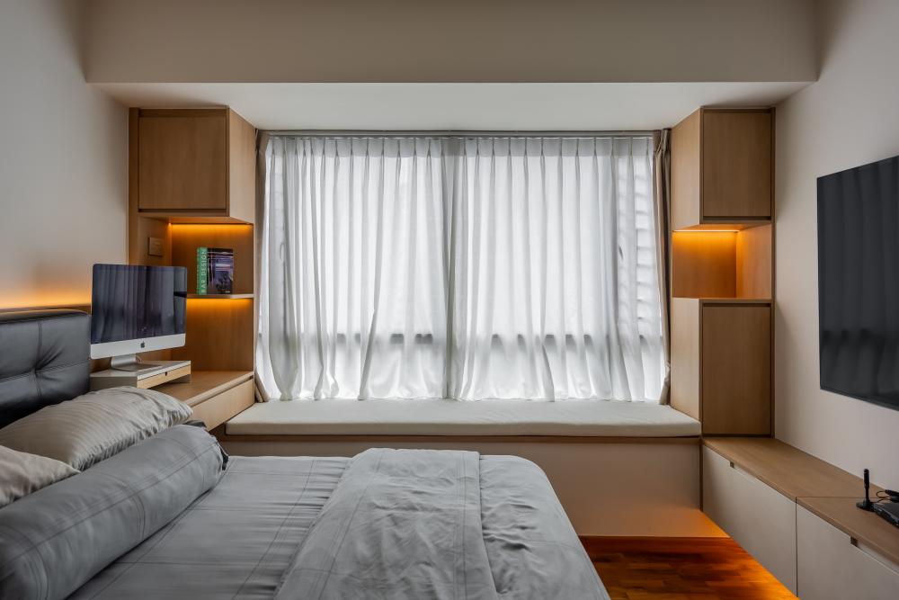 Scandinavian Bedroom with Bookshelf and Bay Window