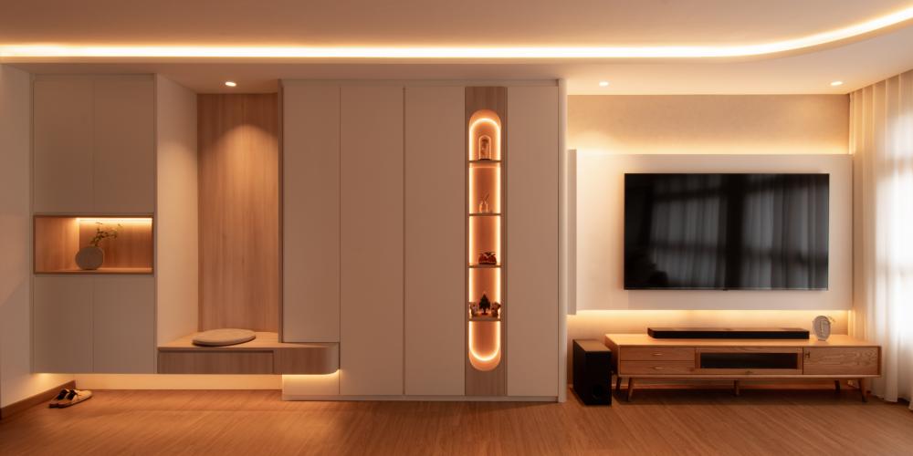 Scandinavian Living Room with Wood Flooring and TV Console