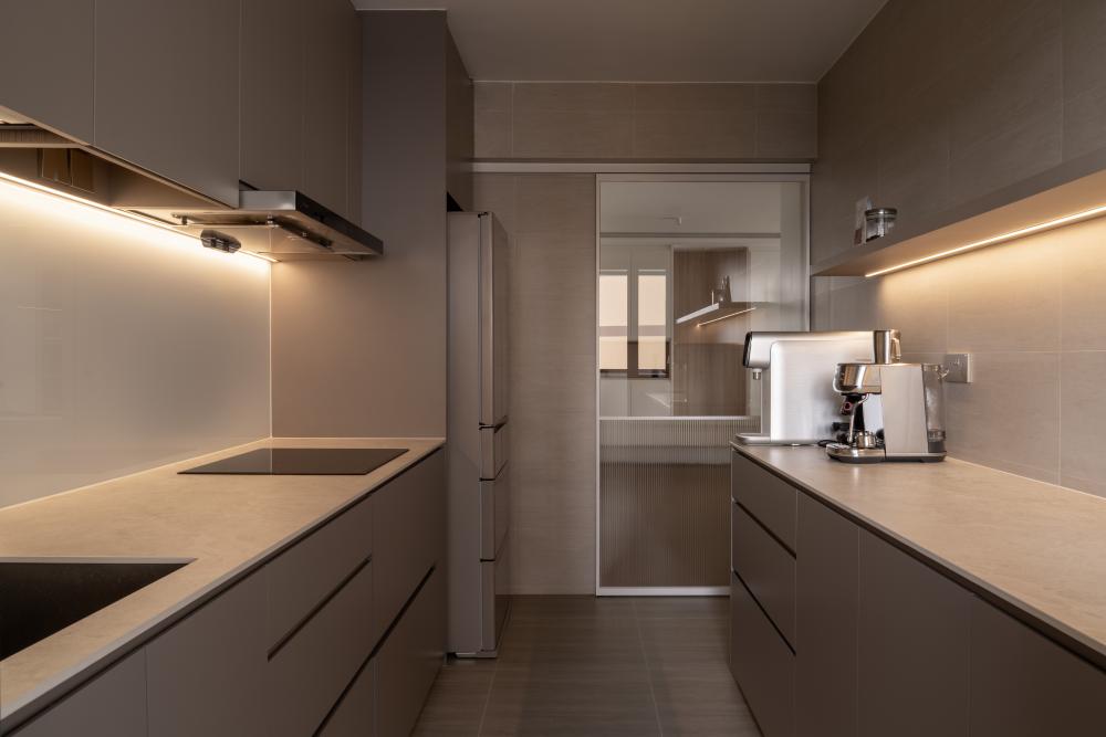 Scandinavian Kitchen with Countertop and Wood Flooring