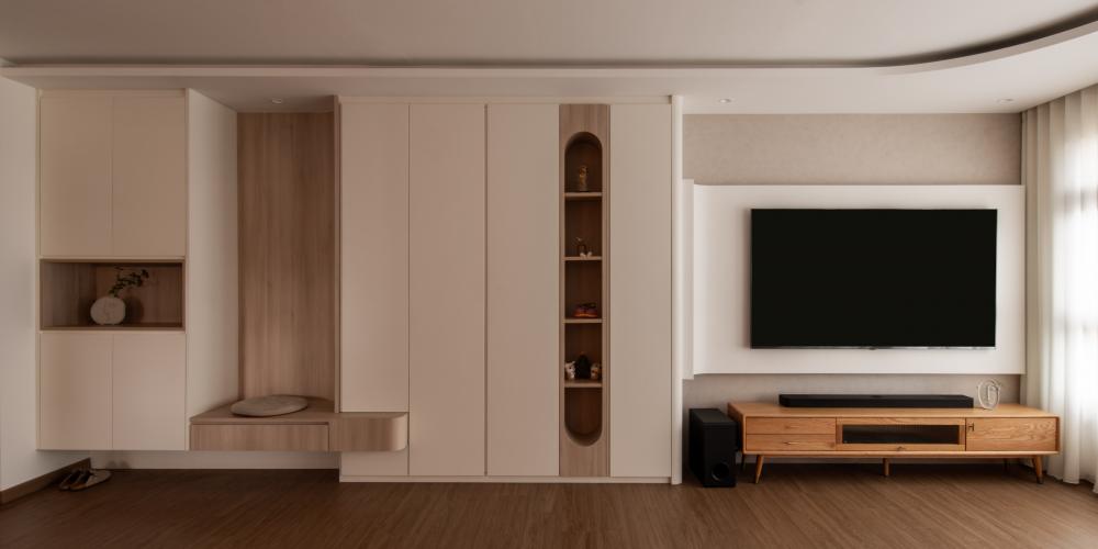 Scandinavian Living Room with Wood Flooring and TV Console