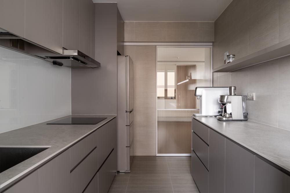Scandinavian Kitchen with Countertop and Wood Flooring