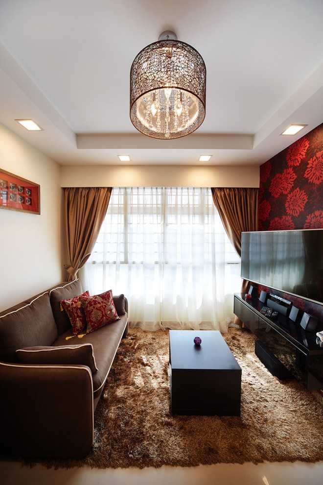 Asian Living Room with Vinyl Flooring and TV Console