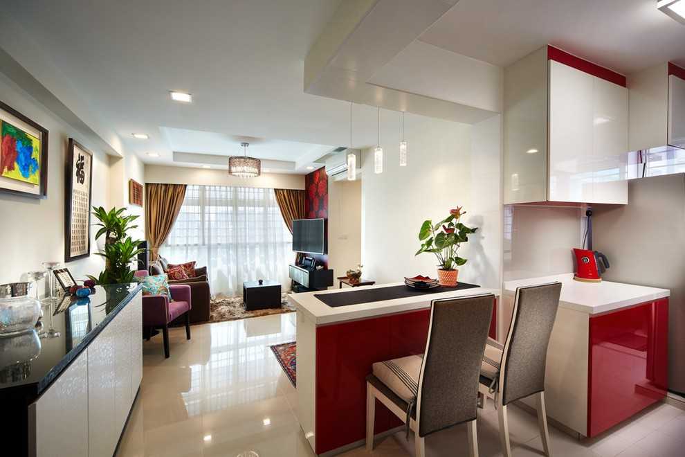 Asian Dining Room with Drop Ceiling and Dining Table