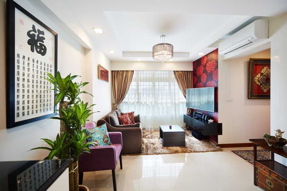 Asian Living Room with TV Console and Feature Wall