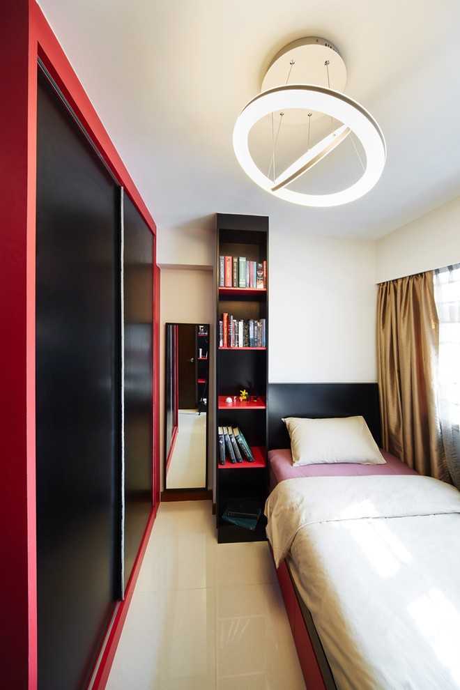 Asian Bedroom with Homogeneous Tiles and Wood Flooring