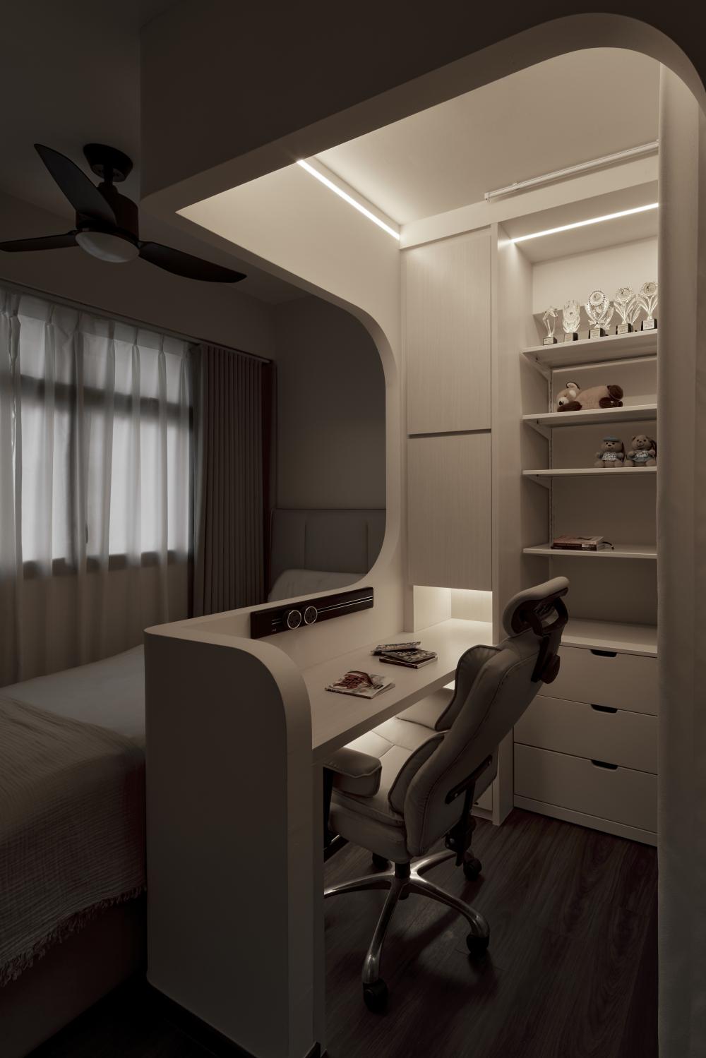 Contemporary Bedroom with Bookshelf and Display Cabinets