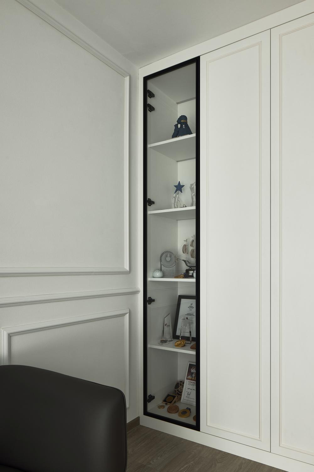 Asian Living Room with Wood Flooring and Display Cabinets