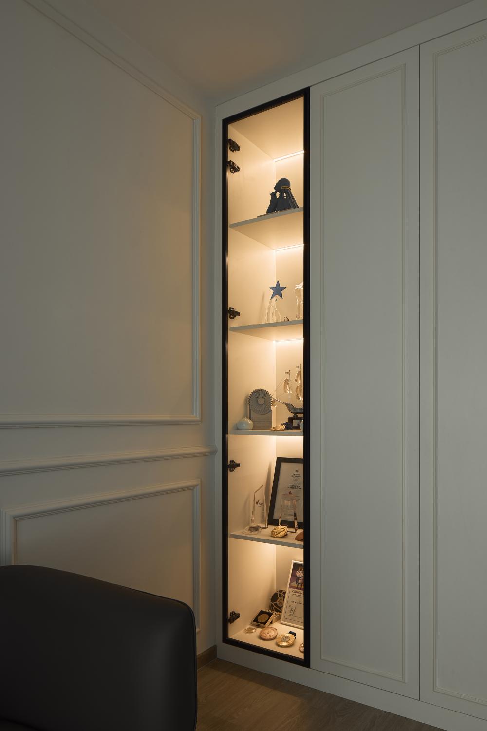 Asian Living Room with Wood Flooring and Display Cabinets