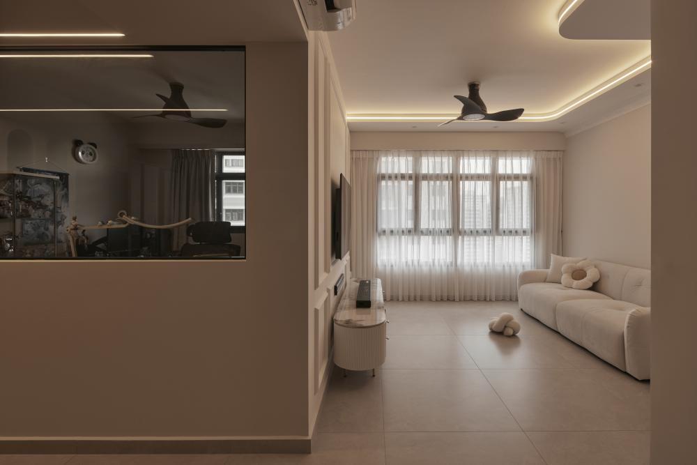 Asian Living Room with TV Console and Blinds