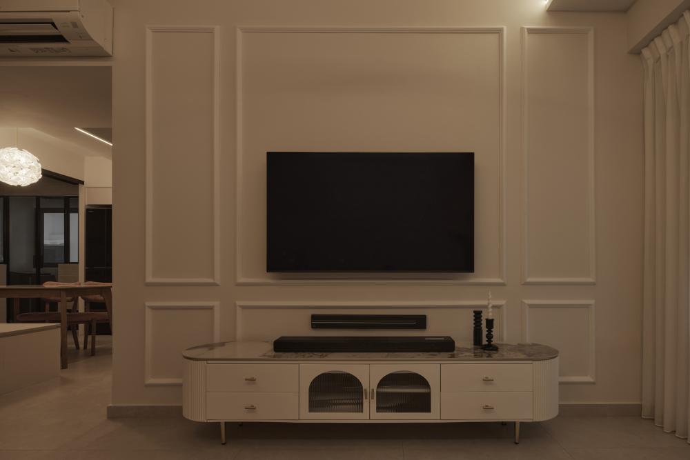 Asian Living Room with TV Console and Blinds