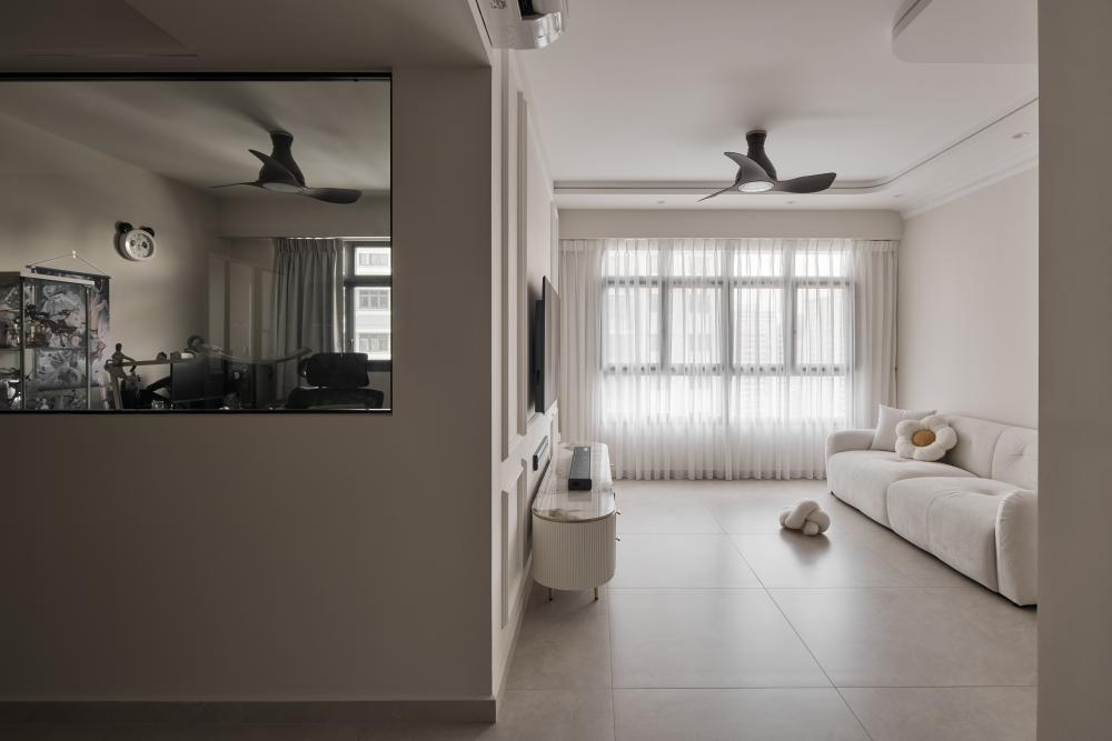 Asian Living Room with TV Console and Blinds