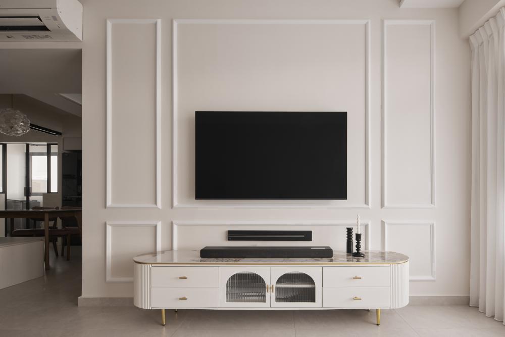 Asian Living Room with TV Console and Blinds