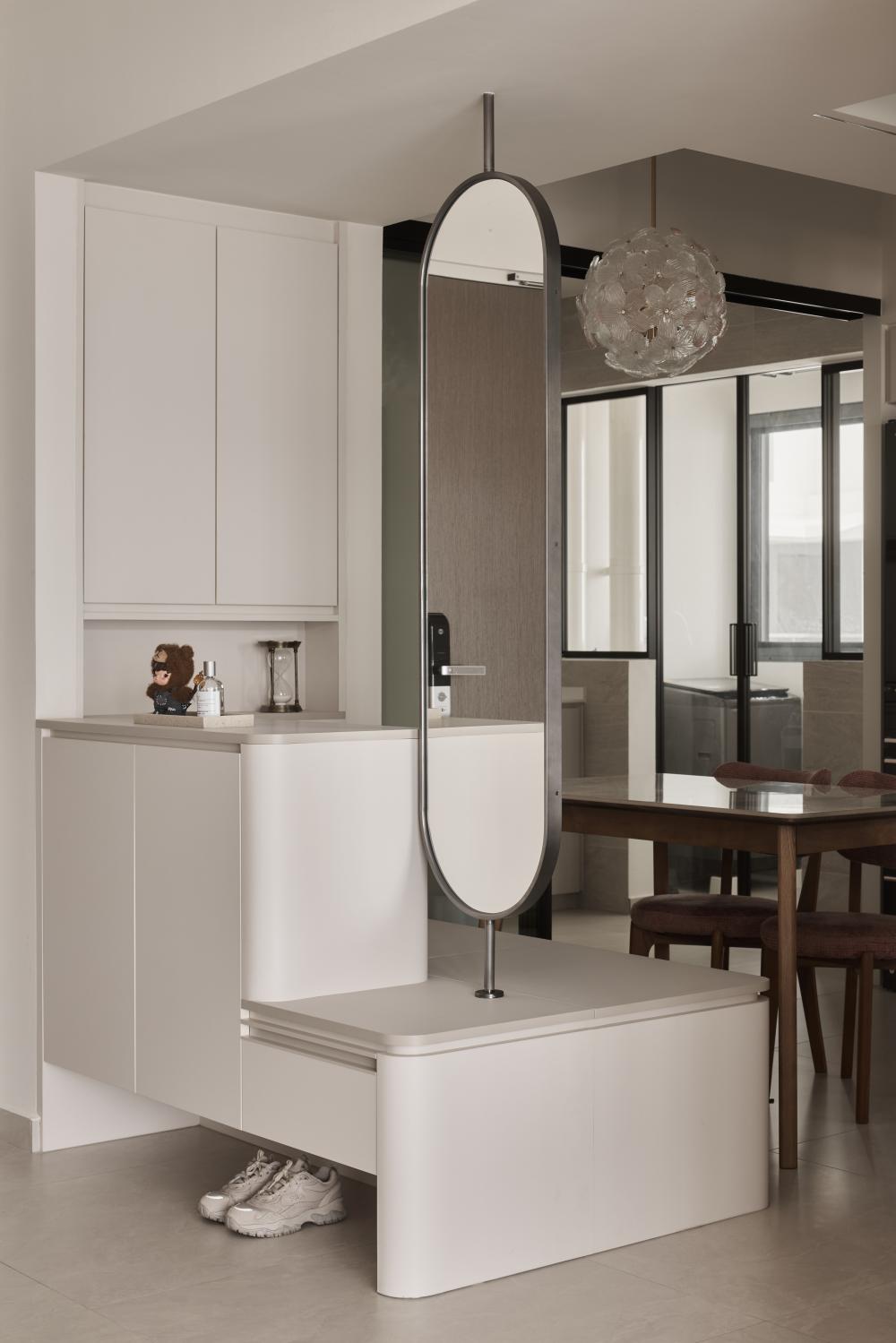 Asian Entryway with Mirror and Seating Bench