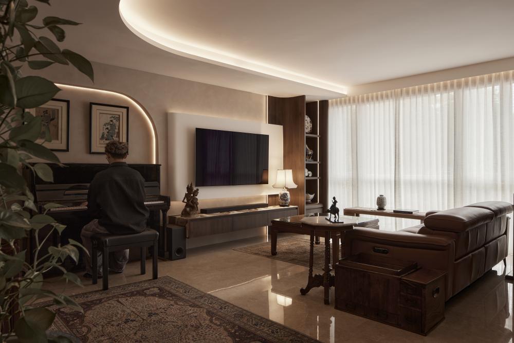 Asian Living Room with Carpet and Sofa