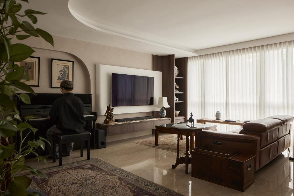 Asian Living Room with Carpet and Sofa