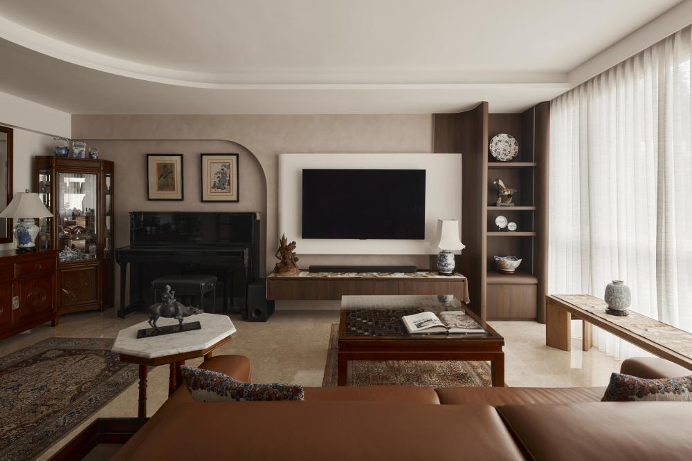 Asian Living Room with Sofa and Display Cabinets