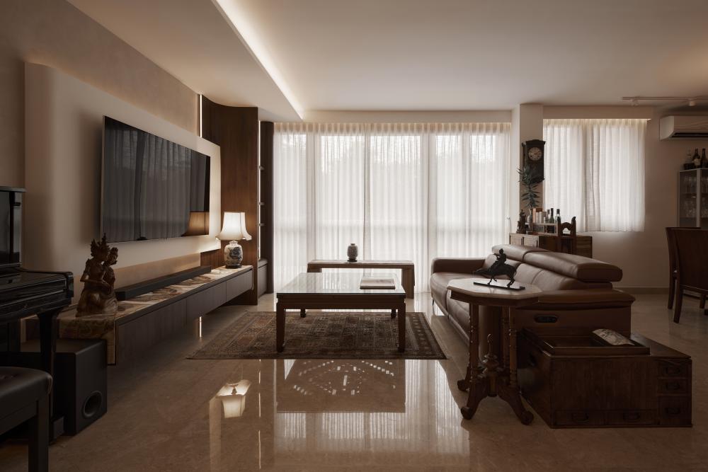 Asian Living Room with Carpet and Sofa