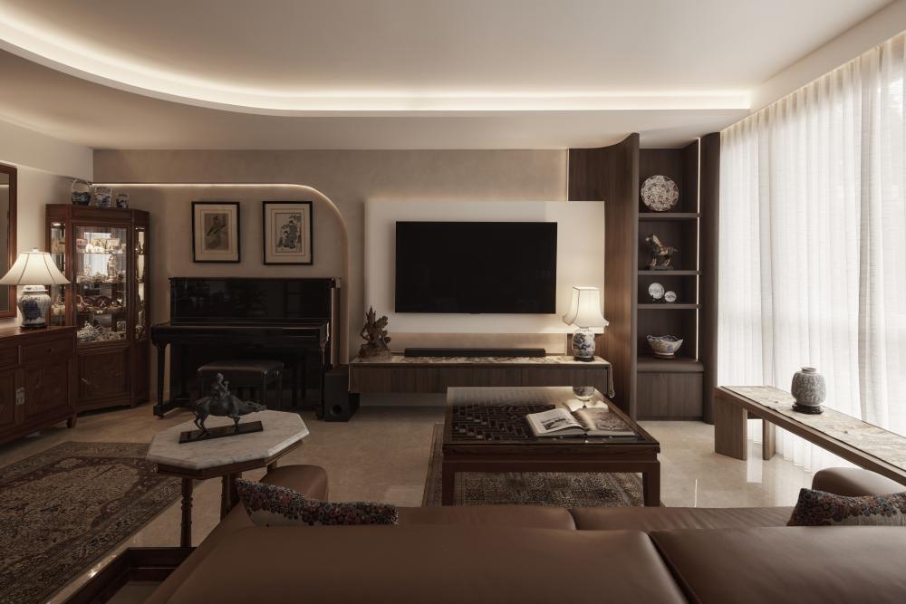 Asian Living Room with Sofa and Display Cabinets