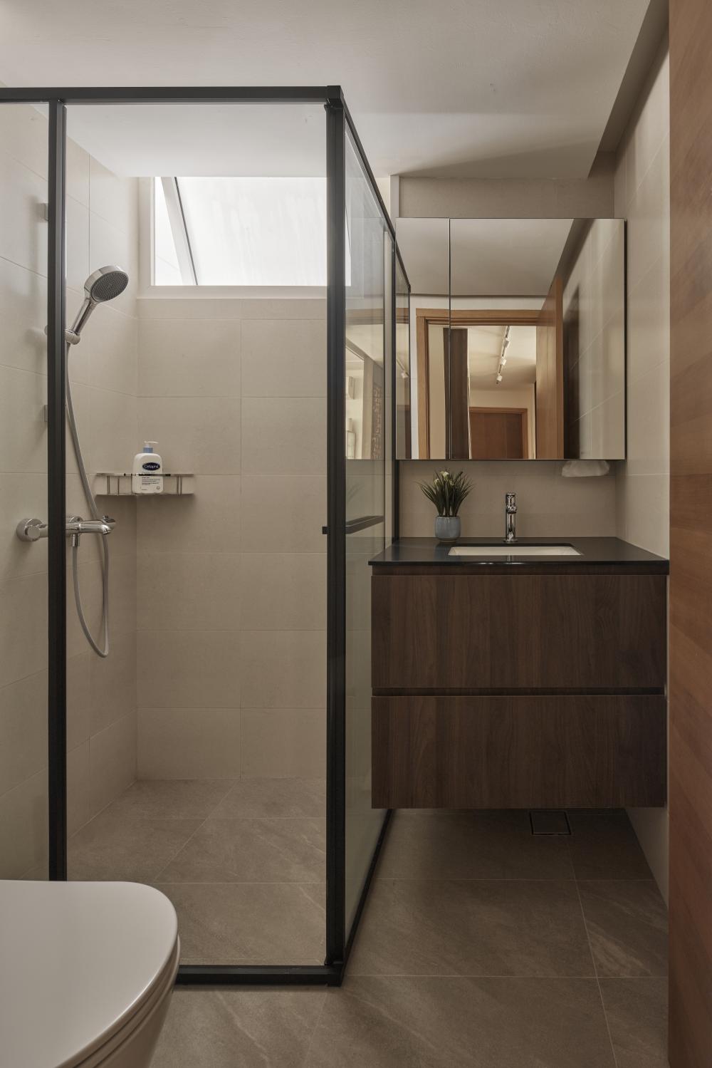 Asian Bathroom with Mirror and Bathroom Storage
