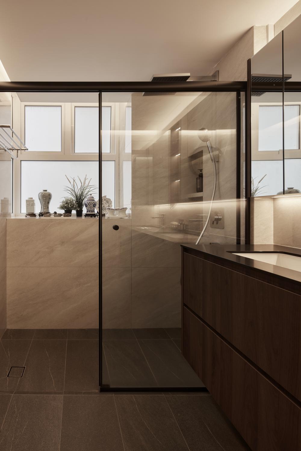 Asian Bathroom with Mirror and Bathroom Storage