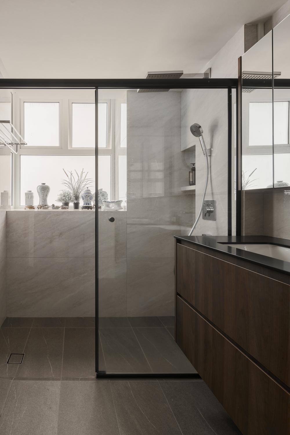 Asian Bathroom with Mirror and Rainshower