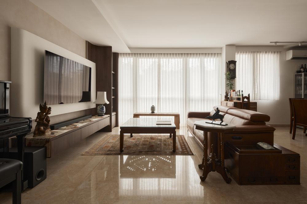 Asian Living Room with TV Console and Carpet