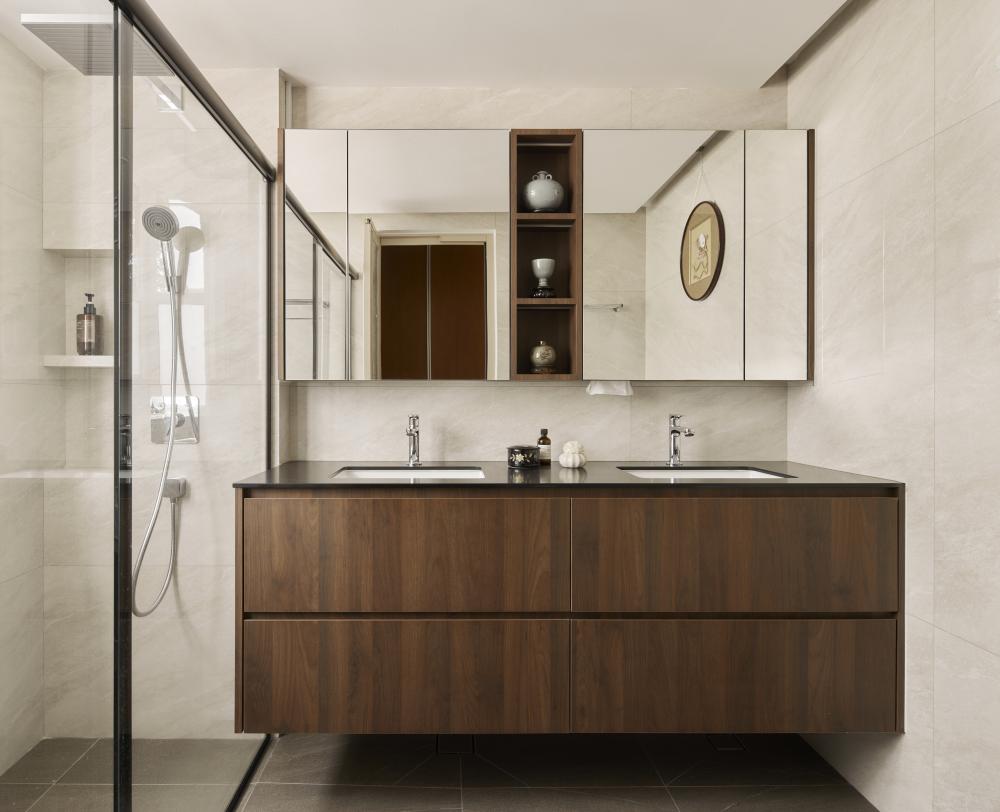 Asian Bathroom with Mirror and Bathroom Storage